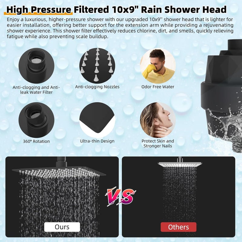Hibbent All Metal 10'' Filtered Rainfall Shower Head with Handheld Combo, High Pressure Shower Wand, 16'' Adjustable Extension Arm, 20 Stage Shower Filter, 71'' Hose, Shower Holder, Matte Black - Image 3